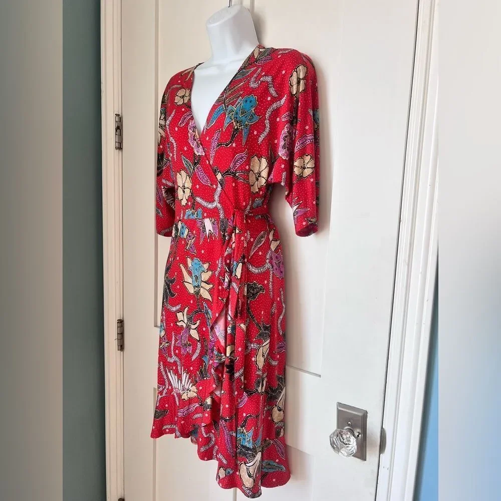 Veronica M Red Floral Wrap Midi Dress Sz XS